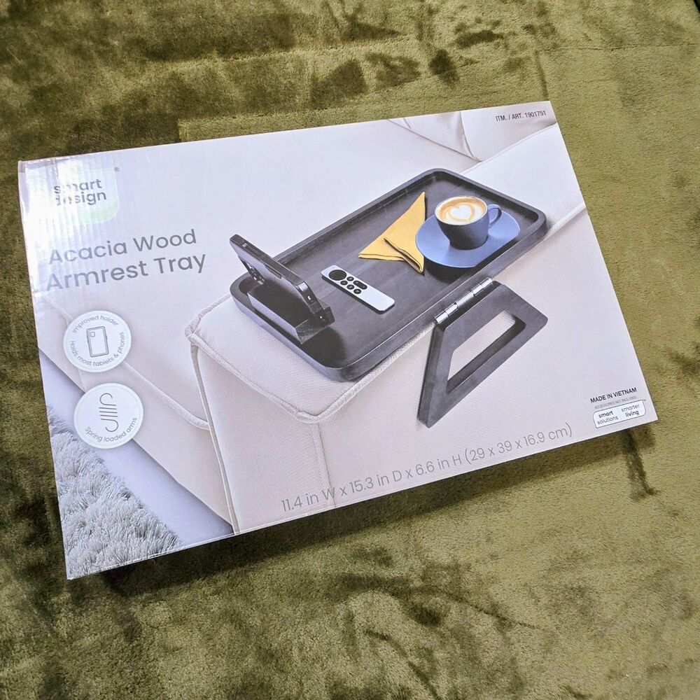 Smart Design Acacia Wooden Sofa Armrest Tray Non Slip Back Drinks Phones Tablets